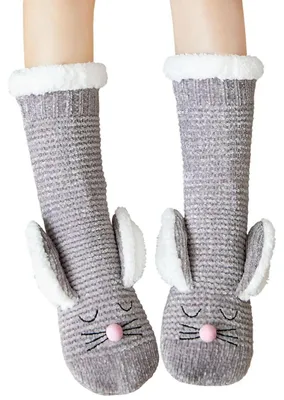 Produktbild von Damen Stoppersocken dicke Haussocken mit Anti Rutsch Sohle, warme Thermo-Socken mit Innenfrottee, Kaninchen-Hellgrau, Größe 36-41