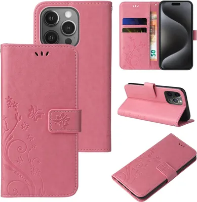 Produktbild von Handyhülle für Apple iPhone 15 Pro Max Floral Blumen Schmetterling Flip Cover Hülle Case Klapphülle Handytasche Farbe: Rosegold