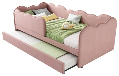 Immagine prodotto di Letto a terra imbottito con letto estraibile - 90 x 190 cm - Con spazio contenitore - Con sponde - Rivestito in lino - Senza materasso - Rosa
