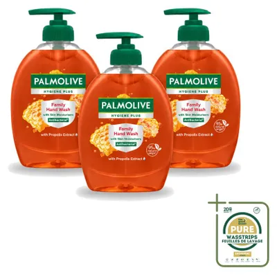 Immagine prodotto di 3 flaconi di sapone liquido per le mani Palmolive Hygiene Plus, formato famiglia, 300 ml ciascuno - confezione risparmio - 3 pezzi
