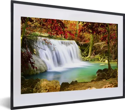Produktbild von MuchoWow® Gerahmtes Poster Herbst - Wasserfall - Natur 40x30 cm - Poster mit Schwarzem Bilderrahmen Wandposter Rahmen Foto Bilder - Bilderrahmen - Poster im Rahmen