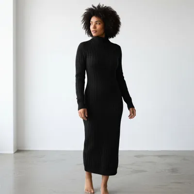 Produktbild von Strickkleid Lang Damen Maxikleid mit Zopfmuster Gr. 38 40 42 Langarm Rollkragen