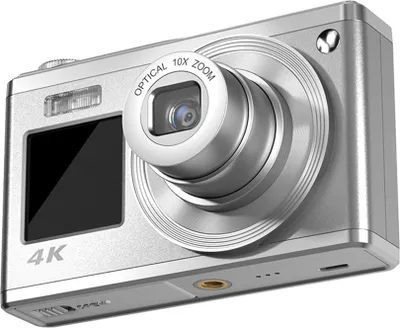 A silver digital camera is shown from a three-quarter angle against a white background.