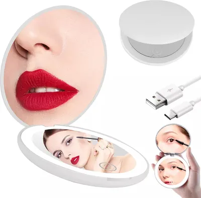 A collage of images showing a makeup mirror and its features, including a close-up of lips, a woman applying mascara, and a USB charging cable.