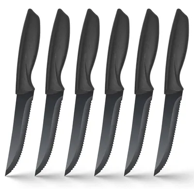 Obrázek produktu pro Sada nožů na steak, 6 kusů, černá barva, vroubkovaná čepel, nerezová ocel, ergonomická rukojeť, vhodné do myčky