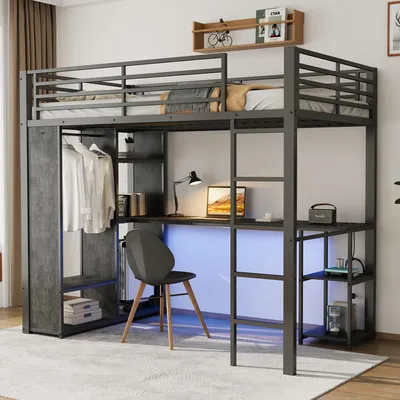Immagine prodotto di Letto a soppalco okwish 90x200 con armadio e scrivania, letto per ragazzi con LED e presa di corrente, letto multifunzione nero, senza materasso