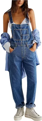 Image de Salopette en jean ASKSA Femme Salopette en jean stretch avec poches Coupe classique décontractée Jumpsuit,Bleu foncé,L