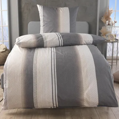 Produktbild von Malika Baumwoll-Bettwäsche 2-teilig, 135 × 200 + 80 × 80 cm, Grau-Beige Streifenmuster