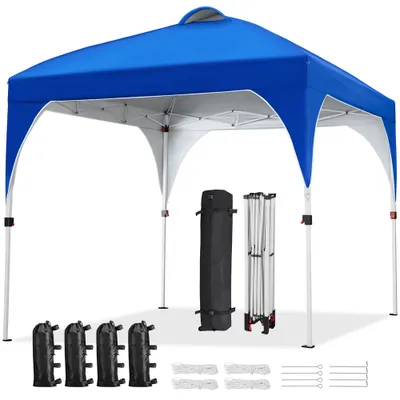 A blue pop-up canopy tent and its accessories are displayed against a white background.