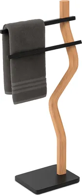 Immagine prodotto di Portasciugamani Relaxdays, A x L x P: 86 x 37 x 18 cm, metallo, legno, 2 aste, portasciugamani da appoggio, bagno, nero/naturale