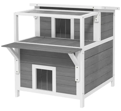Productafbeelding van PawHut kattenhuis, kattenhut van dennenhout, kattenhuis met balkon en ingangen