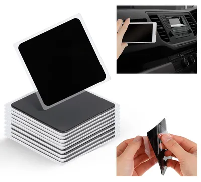 Produktbild von 10 rutschfeste Pads à 8 x 8 cm, schwarze Silikongelpads, wiederverwendbare rutschfeste Gelpads mit doppelseitigem Klebeband, waschbare Antirutschmatte für Armaturenbrett und Handyhalterung.