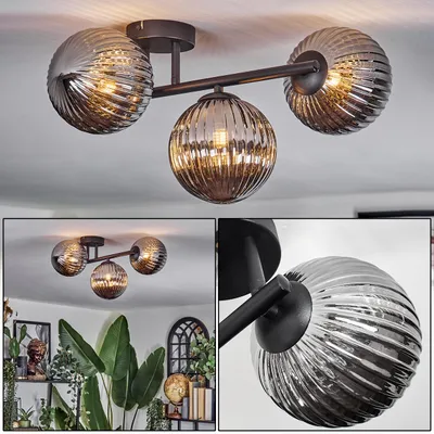 Produktbild von Isorella 3-flammige Deckenlampe aus Metall/Riffelglas in Schwarz/Rauchfarben