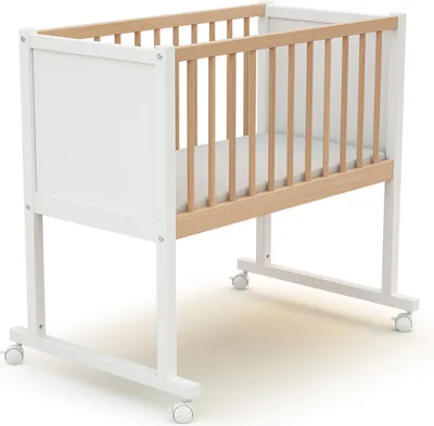 Produktbild von AT4 - Baby Wiege bett Holz mit rollen NIDO 40 x 80 cm Weiß und lackierte Buche | 86 x 58,5 x 80 cm | Babybett mit Matratze inklusive | 4 multidirektionale Räder | Leicht zu bewegen