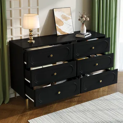 Produktbild von okwish moderner Sideboard mit sechs Schubladen, Kommode ovales Vertiefungsdesign, Metallfüße, Wohnzimmerschrank in Schwarz