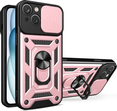Produktbild von iPhone 15 Hülle mit Magnetische Ring Ständer Halter Dia Kameraschutz TPU Bumper Silikon Schutzhülle für iPhone 15 Rosa