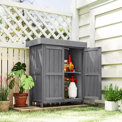 Produktbild von Gartenschrank Tannenholz kompakt, Geräteschrank Balkon Garage wetterfest, Klappdeckel Doppeltür, Grau | 74 x 43 x 88 cm | 15 kg | 2 Fächer