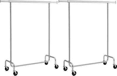 Two silver metal garment racks with wheels are shown against a white background.