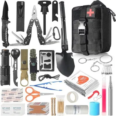 Productafbeelding van Multifunctionele Kit - Nooduitrusting Outdoor - Survival Buitenactiviteiten - 27-delige Set - 1.1 kg - Zwart