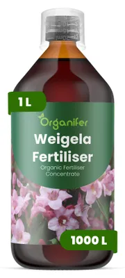 Obrázok produktu pre Tekuté hnojivo pre vajgélie, 1 liter – vzťah živín NPK: 2-1-8 – Vhodné pre vajgélie – Zaisťuje bohaté kvitnutie, silné rastliny a zdravý koreňový systém – Organický produkt