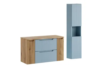 Produktbild von Badmöbel-Set Mit Arbeitsplatte 100 cm Hochschrank 2 Türen , 2 Beistellschrank 20 cm & Waschbeckenunterschrank 60 cm, Nova Denim N BM378 - Denim