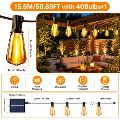 Zdjęcie produktu dla Świateł LED solarnych – lampa zewnętrzna wisząca – 15,5 m – 40 diod LED – regulowana jasność – wodoodporna (IP44) – do ogrodu