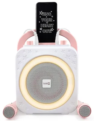 Immagine prodotto di Macchina karaoke Bluetooth ricaricabile da 10 watt, con due microfoni, luce ad anello ed effetti vocali