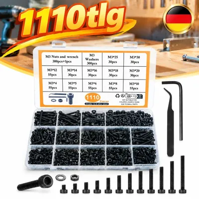 Produktbild von 1110PCS M3 Schrauben Set Kohlenstoffstahl Schwarz Schrauben Und Muttern Set: DE