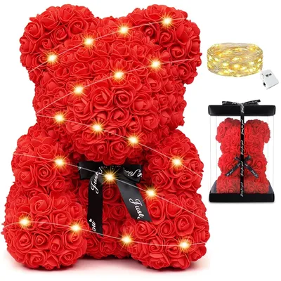 Rosa Teddybär aus Kunstrosen mit LED-Lichtern, 25 cm, Geschenkbox