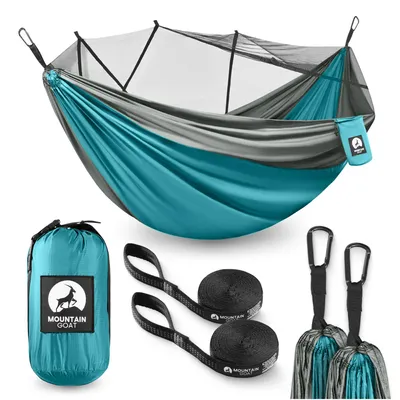 Produktbild von MOUNTAIN GOAT Trekking-Hängematte mit Moskitonetz, 2 Personen, inkl. Gurte und Karabiner, grau-türkis