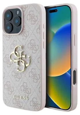 A pink hardcase for an iPhone 16 with the Guess logo.