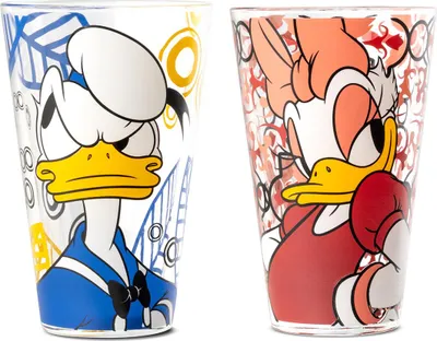 Imagen del producto de Juego de 2 vasos, Disney, diseño "Donald y Daisy", vidrio, multicolor, altura 12,5 cm, diámetro 8 cm. Código: 81302. Número de artículo: 8052278338165. Incluye 2 unidades (variedad de diseños)