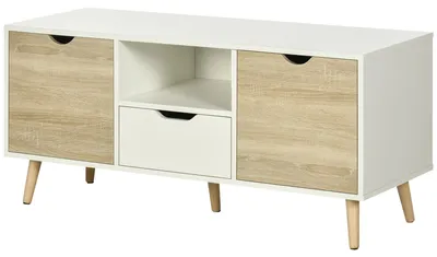 Produktbild von TV-St?nder mit Schublade und 2 Tš¹ren fš¹r Fernseher bis zu 50 Zoll, 110 x 40 x 50 cm, Wei? und Naturholz