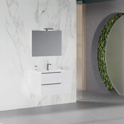 Immagine prodotto di Mobile da bagno a parete bianco lungo 80 cm con lavabo e specchio LED Oikos 80