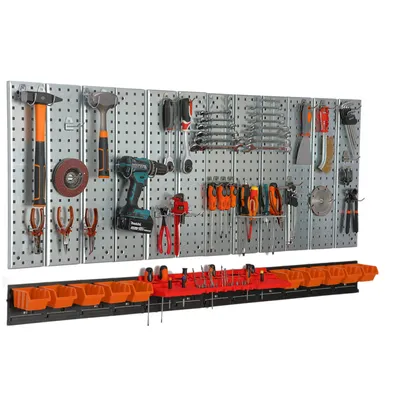 Produktbild von Werkzeugwand 156x72 cm Metall Lagersystem mit Werkzeughaltern Werkzeughaken und 10 Stapelboxen 80 x 115 x 60 mm Farbe: orange Lochbrett Werkstatt Garage Steckbrett Elektrowerkzeuge Lochwand