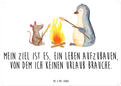 Produktbild von Mr. & Mrs. Panda Blechschild Pinguin Lagerfeuer DIN A5 - Weiß - Geschenk, Job, Feuer, Türschild, Retro, tafel, Wandbild, wandtafel, Maus, Schild