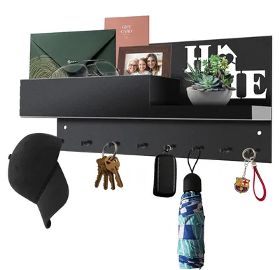 Produktbild von Schlüsselhalter, schwarz, mit Ablage, Wandregal, Schlüsselhalter mit 8 Haken, Organizer für Wohnzimmer, Flur, Büro