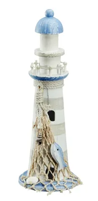 Produktbild von Leuchtturm Holz blau weiß Deko m. Muscheln & Netz Dekoration Strand Meer Maritim Höhe 30 cm, blau-weiß