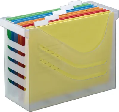 Image de Jalema 2658026000 Boîte pour dossiers suspendus - blanc translucide, remplie de 5 dossiers suspendus A4 en couleur