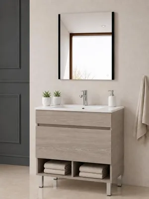ORIGEN BATH NEBARI Badmöbel mit Füßen und Waschbecken 90x45 cm, Smoky-Eiche
