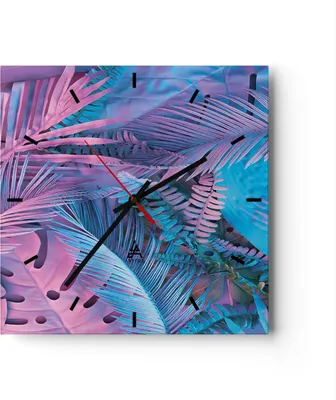 Produktbild von Wanduhr - Quadrat - Glasuhr - Blätter Rosa Blau - 30x30cm - Schleichendes Uhrwerk - Lautlos - zum Aufhängen bereit - Dekoration Modern - Wanddekoration aus Glas - C3AC30x30-4401