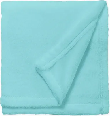 A folded turquoise fleece blanket.