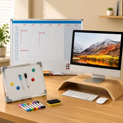Zdjęcie produktu dla Zestaw do organizacji biura z bambusa (3 elementy) – tablica do planowania, tablica magnetyczna i podstawka pod monitor