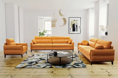 Produktbild von BEAUTYSOFA | Wohnzimmer-Set BELLANO - Gepolsterter Set mit Armlehnen, Sessel und Sofas - Veloursstoff in Orange mit schwarzen Holzbeinen