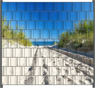 Produktbild von Wallario Zaunsichtschutz mit Motiv Auf dem Sandweg zum Strand - Blauer Himmel über dem Meer für Ein- und Doppelstabmatten Zäune in der Größe 200 x 180 cm