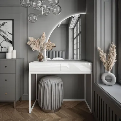 A modern vanity table with a LED mirror in a gray-toned room.