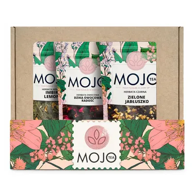 Produktbild von MOJO TEA SET 3x50g - grünem Sencha Ingwer & Zitrone 50 g - Früchtetee Wildfruchtige Freude 50g - Schwarzer Tee Grünes Äpfelchen 50g - Premium Tee 150g