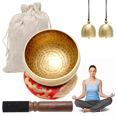 Imagen del producto de TRANKIELO® - Set de cuencos tibetanos de 8,6 cm - fabricados en latón, con mazo de madera, 2 campanas - para meditación y relajación