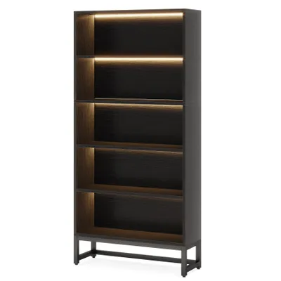 Produktbild von Tribesigns Hohes Bücherregal, 180 cm großes Bücherregal mit LED-Beleuchtung,freistehendes Bibliotheksregal mit 5 Ablageflächen für Wohnzimmer, Schwarz