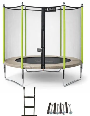 Image de KANGUI Trampoline de jardin 305 cm + filet de sécurité + échelle + kit d'ancrage JUMPI Taupe/Vert 300